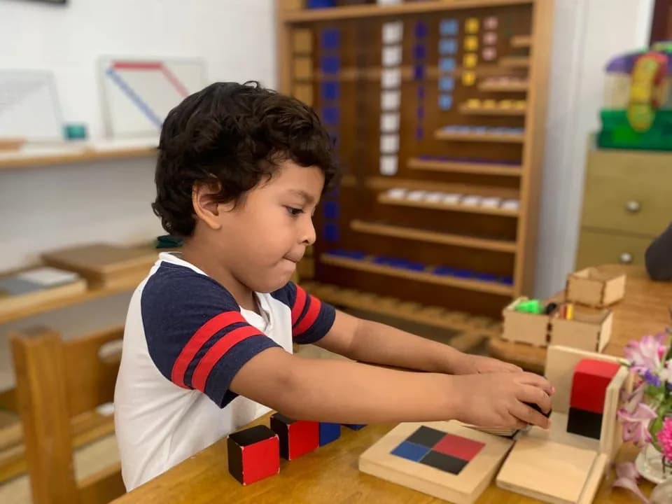 Niño trabajando con el cubo del binomio frente al gabinete de perlas